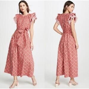 Ulla Johnson Landon Wide Leg Jumpsuit Poppy Floral Red Ruffle Sleeve Size 0